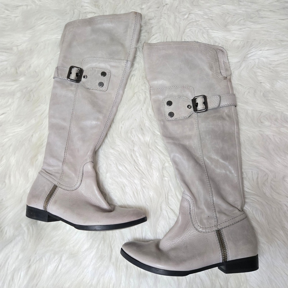 Apepazza Womens Grey Leather Tall Buckle Boots Flat Knee High Size 6.5